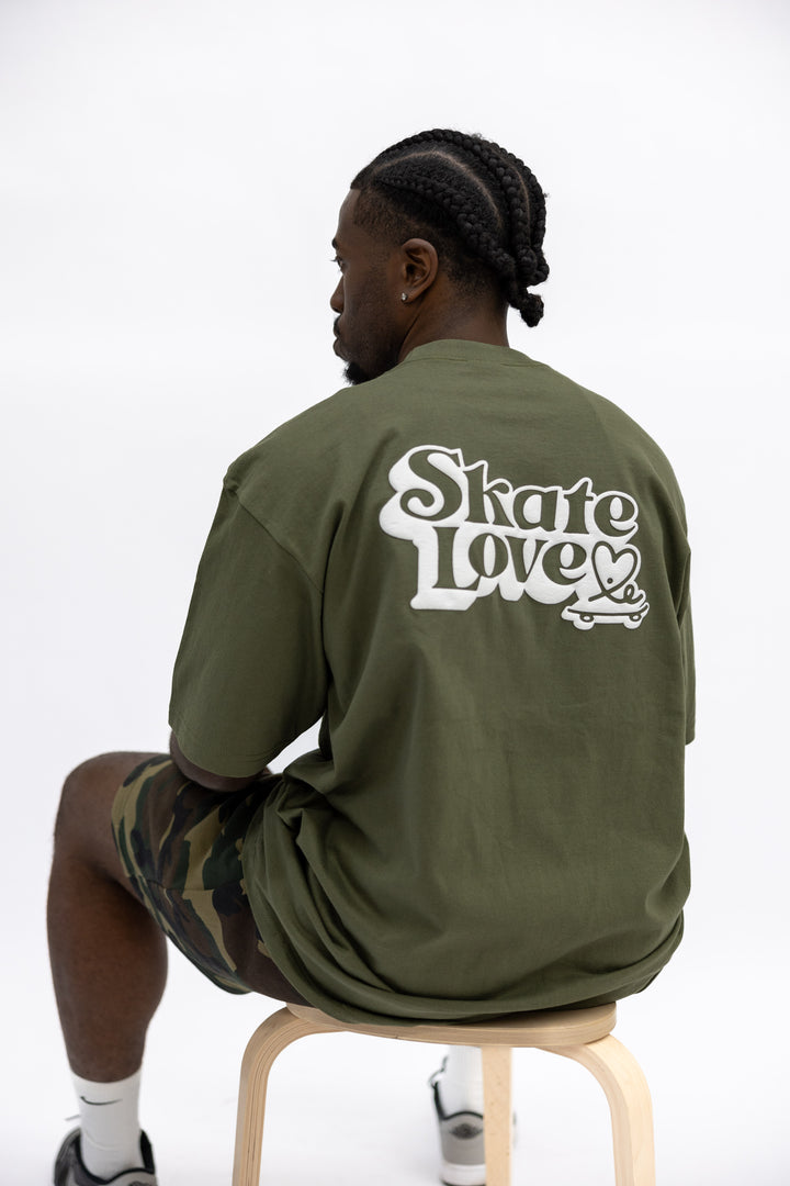 Skate Love Puff Print Shaka Shirt (Olive/ White)