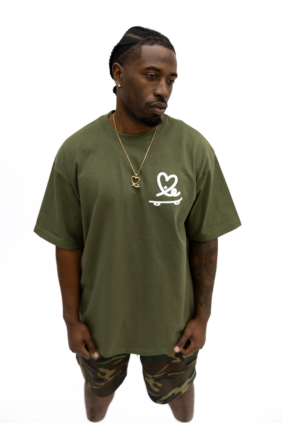 Skate Love Puff Print Shaka Shirt (Olive/ White)